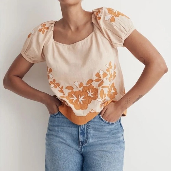 Madewell Tops - Madewell Embroidered Flower Puff Sleeve Cotton Lace-Up Back Top Plus Size 1X